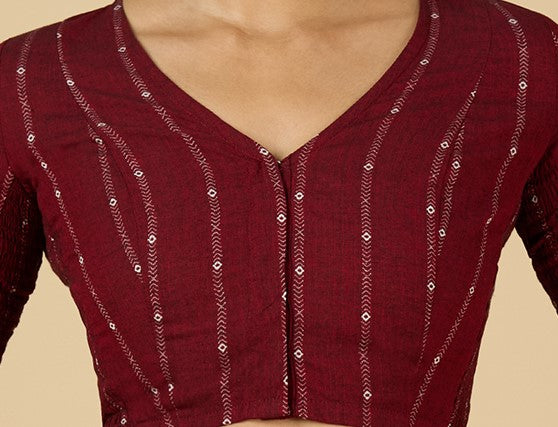 Women's Maroon Cool Handloom Cotton Side Stretchable (Smocked) Readymade Saree Blouse (Design 2953)