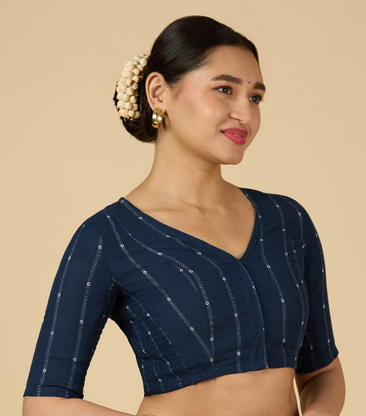 Women's Navy Blue Cool Handloom Cotton Side Stretchable (Smocked) Readymade Saree Blouse (Design 2953)