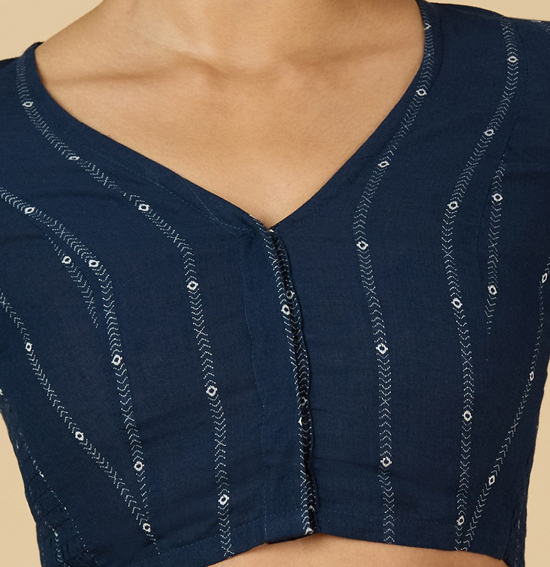 Women's Navy Blue Cool Handloom Cotton Side Stretchable (Smocked) Readymade Saree Blouse (Design 2953)