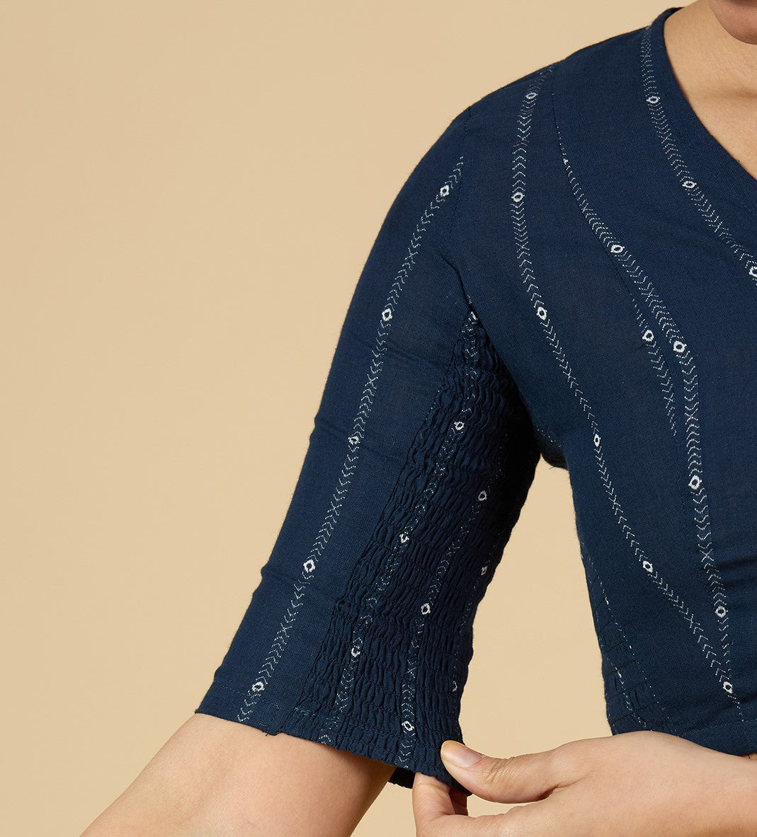 Women's Navy Blue Cool Handloom Cotton Side Stretchable (Smocked) Readymade Saree Blouse (Design 2953)
