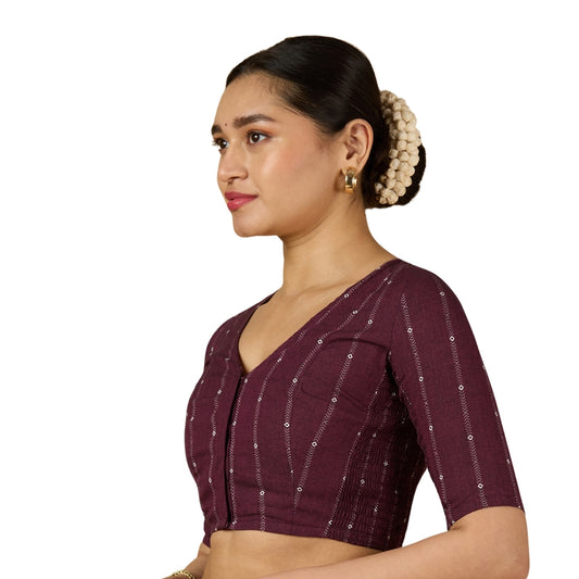 Women's Wine Cool Handloom Cotton Side Stretchable (Smocked) Readymade Saree Blouse (Design 2953)