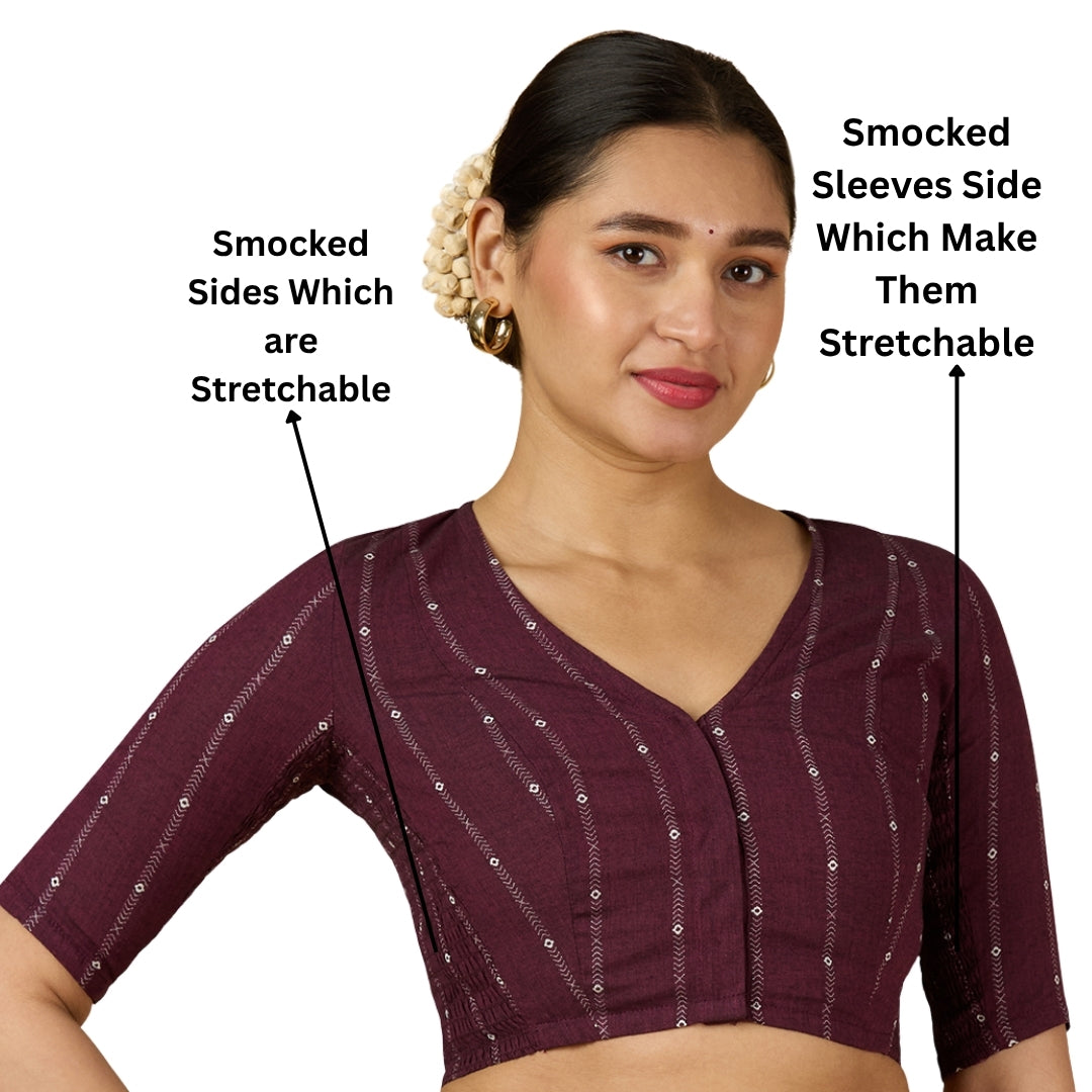 Women's Wine Cool Handloom Cotton Side Stretchable (Smocked) Readymade Saree Blouse (Design 2953)