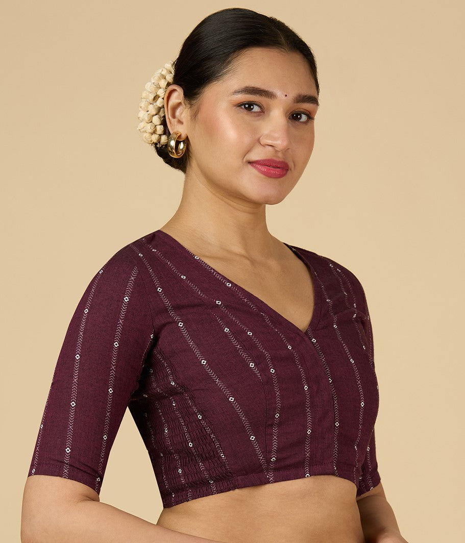 Women's Wine Cool Handloom Cotton Side Stretchable (Smocked) Readymade Saree Blouse (Design 2953)