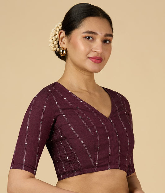 Women's Wine Cool Handloom Cotton Side Stretchable (Smocked) Readymade Saree Blouse (Design 2953)