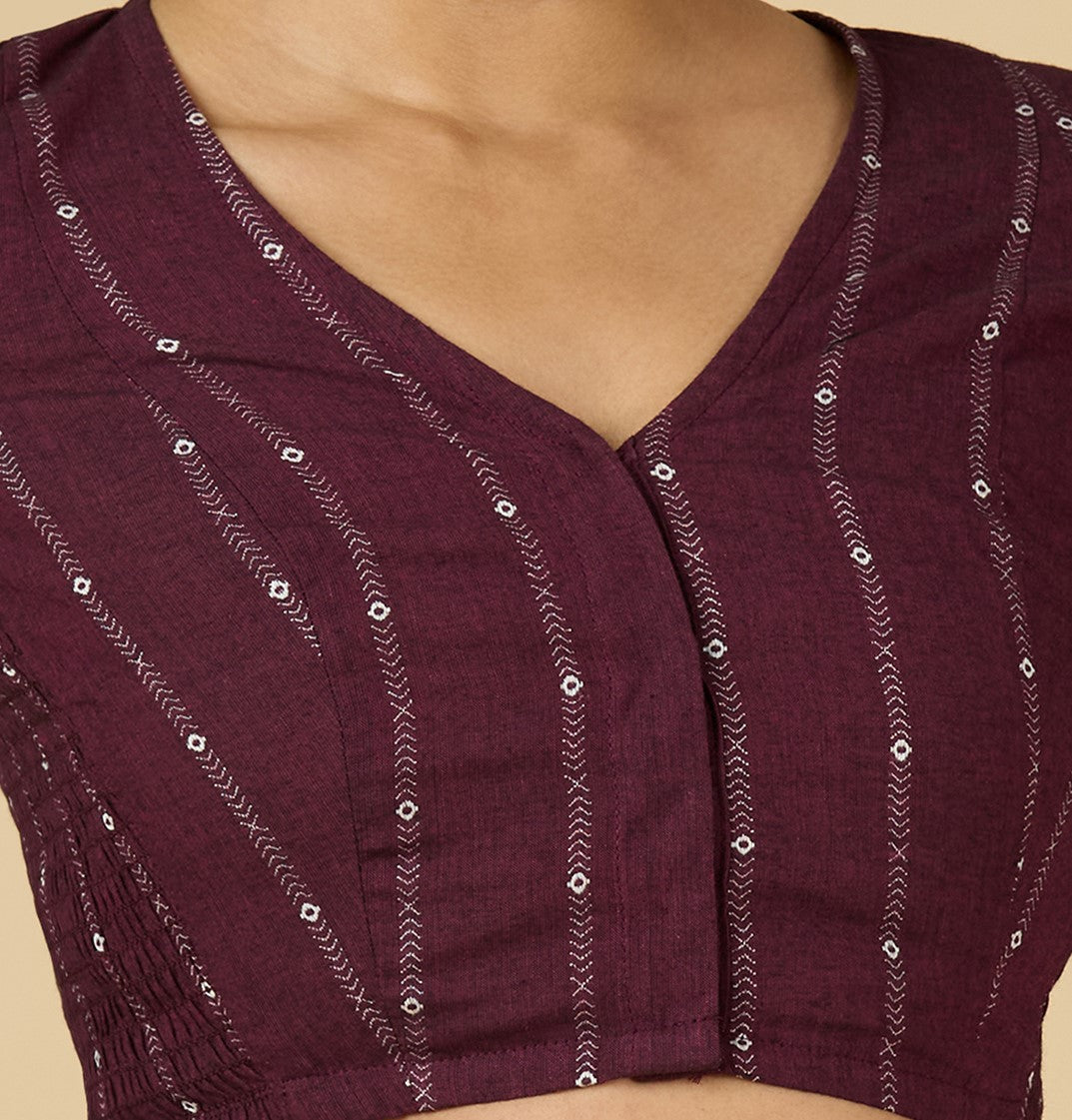 Women's Wine Cool Handloom Cotton Side Stretchable (Smocked) Readymade Saree Blouse (Design 2953)