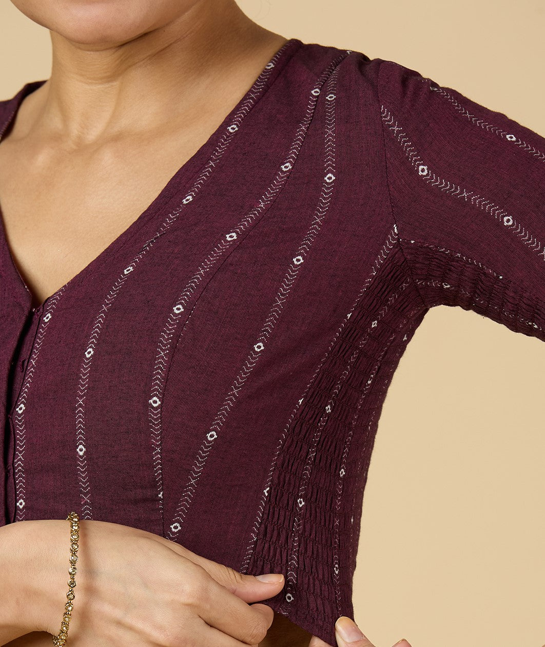 Women's Wine Cool Handloom Cotton Side Stretchable (Smocked) Readymade Saree Blouse (Design 2953)