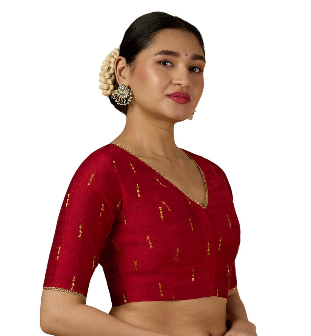 Women's Maroon Handloom Cotton Silk V-Neck Readymade Saree Blouse (Design 2955)