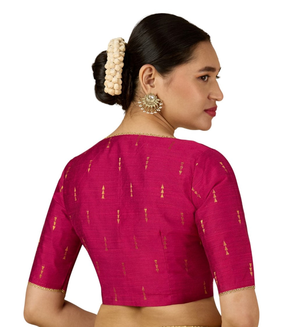 Women's Pink Handloom Cotton Silk V-Neck Readymade Saree Blouse (Design 2955)