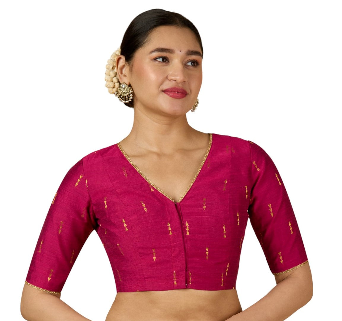 Women's Pink Handloom Cotton Silk V-Neck Readymade Saree Blouse (Design 2955)