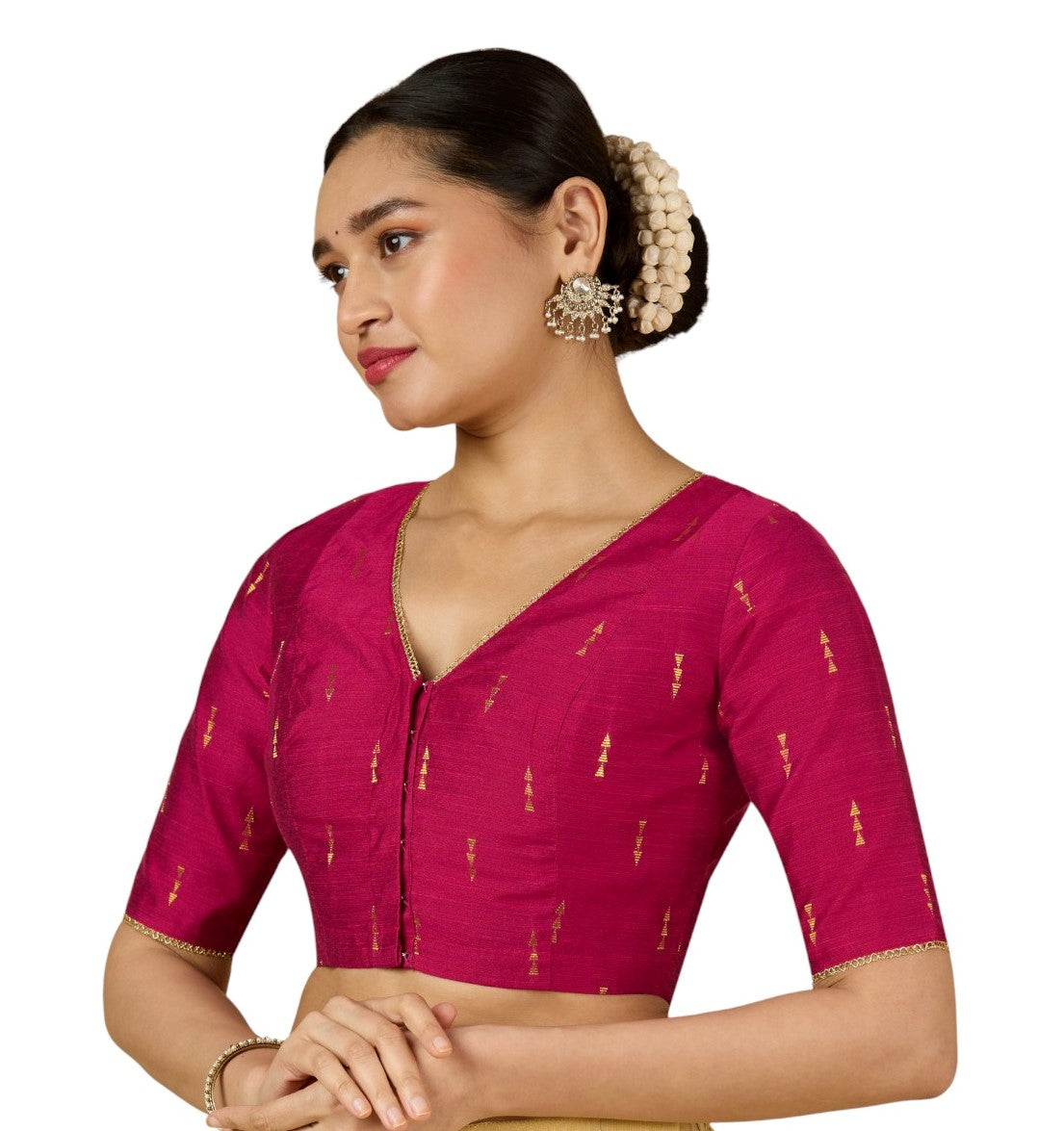Women's Pink Handloom Cotton Silk V-Neck Readymade Saree Blouse (Design 2955)