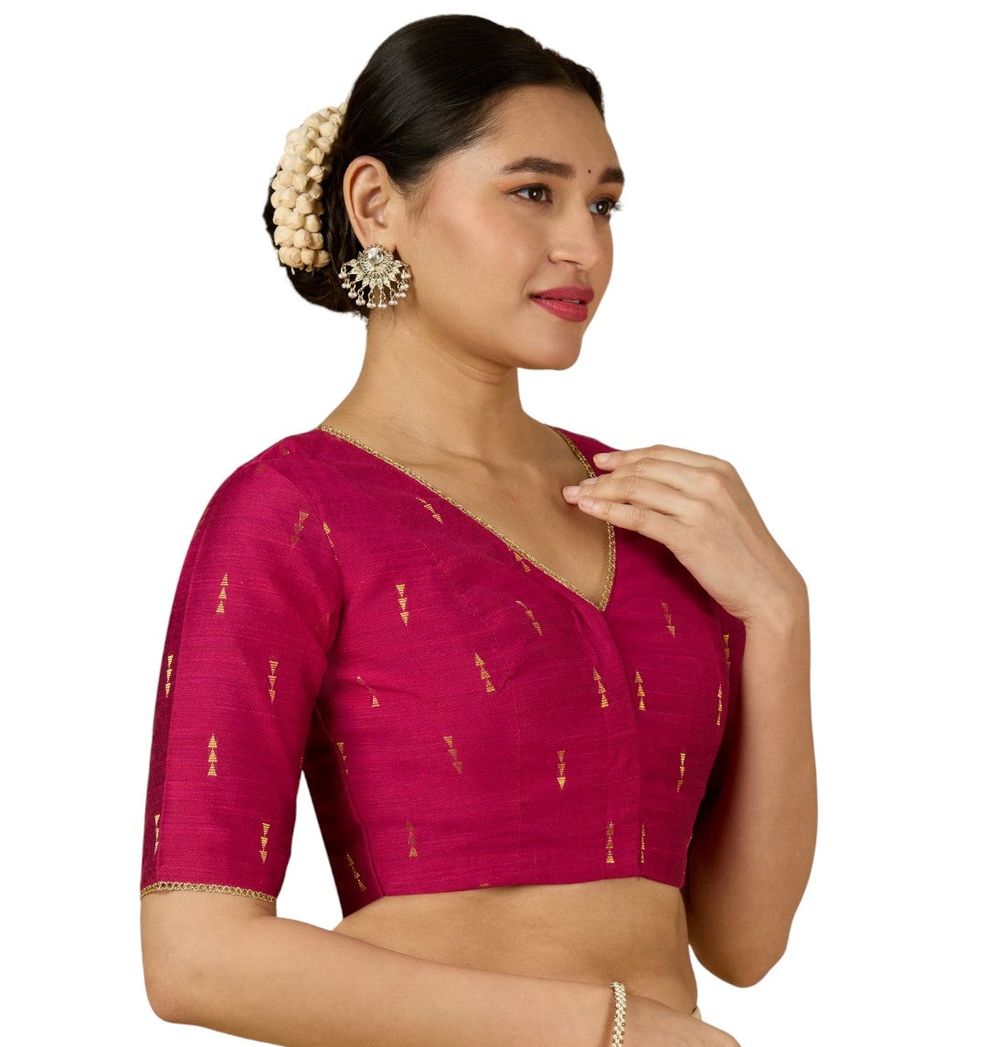 Women's Pink Handloom Cotton Silk V-Neck Readymade Saree Blouse (Design 2955)