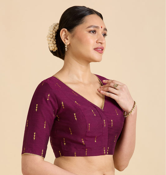 Women's Wine Handloom Cotton Silk V-Neck Readymade Saree Blouse (Design 2955)