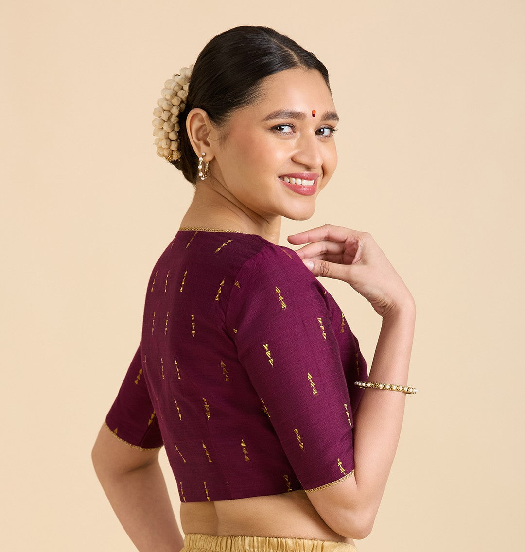 Women's Wine Handloom Cotton Silk V-Neck Readymade Saree Blouse (Design 2955)