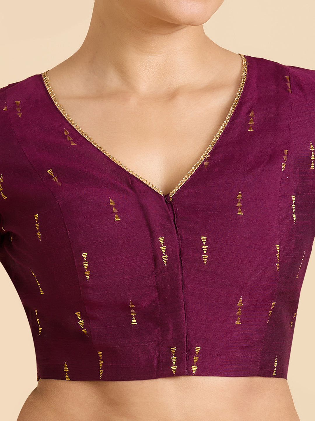 Women's Wine Handloom Cotton Silk V-Neck Readymade Saree Blouse (Design 2955)