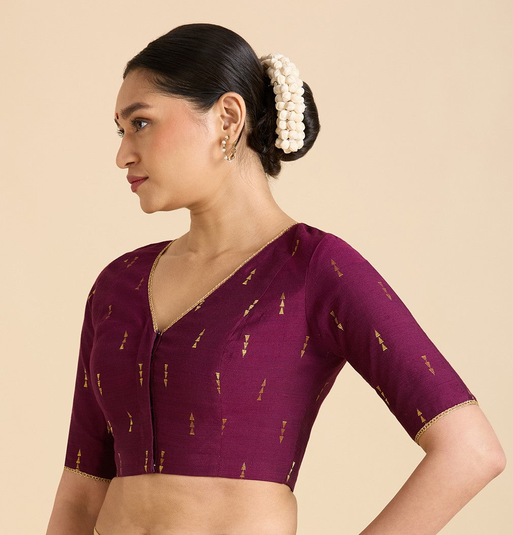 Women's Wine Handloom Cotton Silk V-Neck Readymade Saree Blouse (Design 2955)