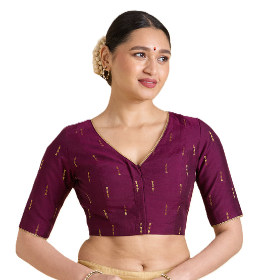 Women's Wine Handloom Cotton Silk V-Neck Readymade Saree Blouse (Design 2955)