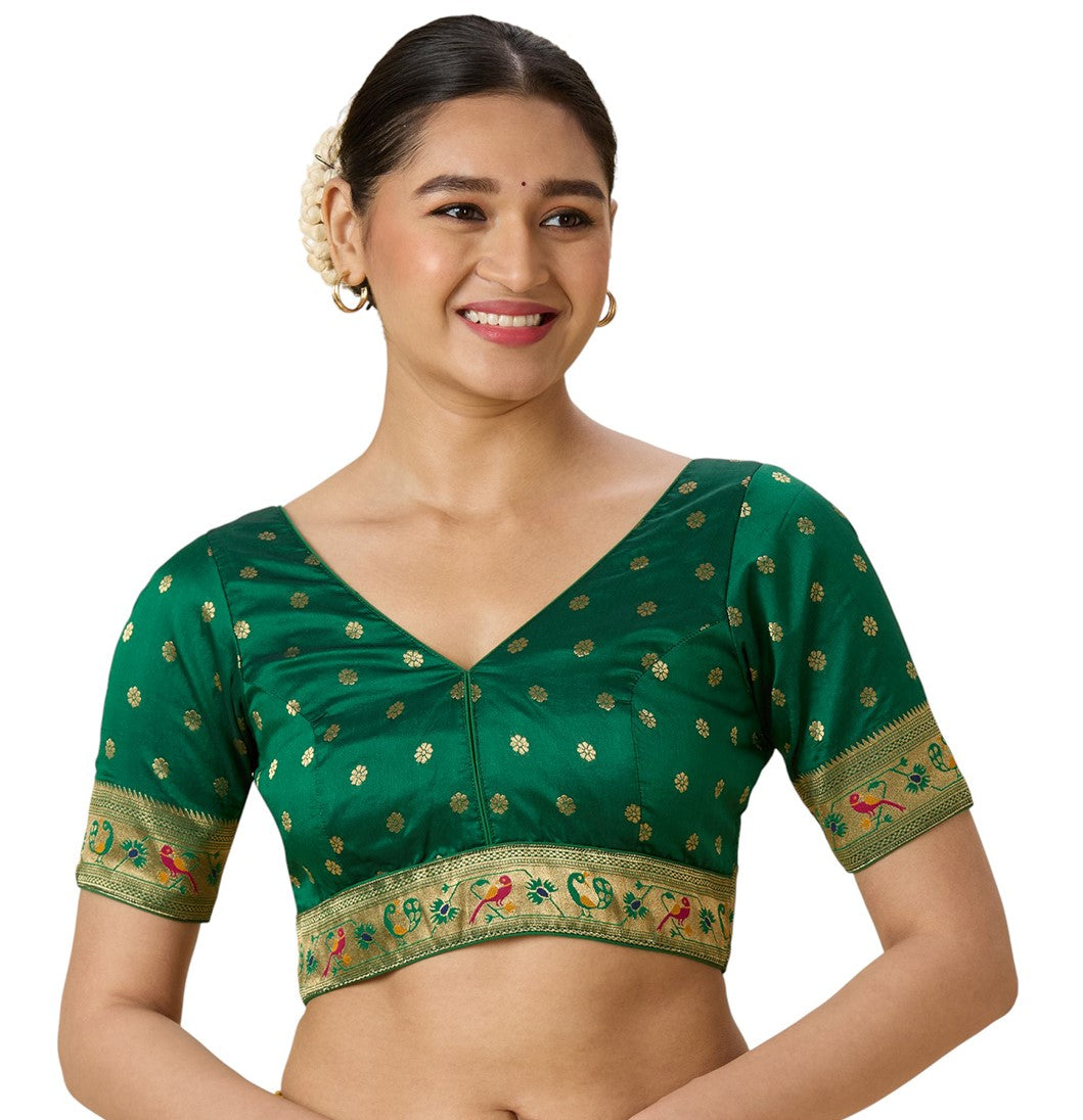Women's Multicoloured Brocade Saree Blouse with Peacock Border (Design 2956)