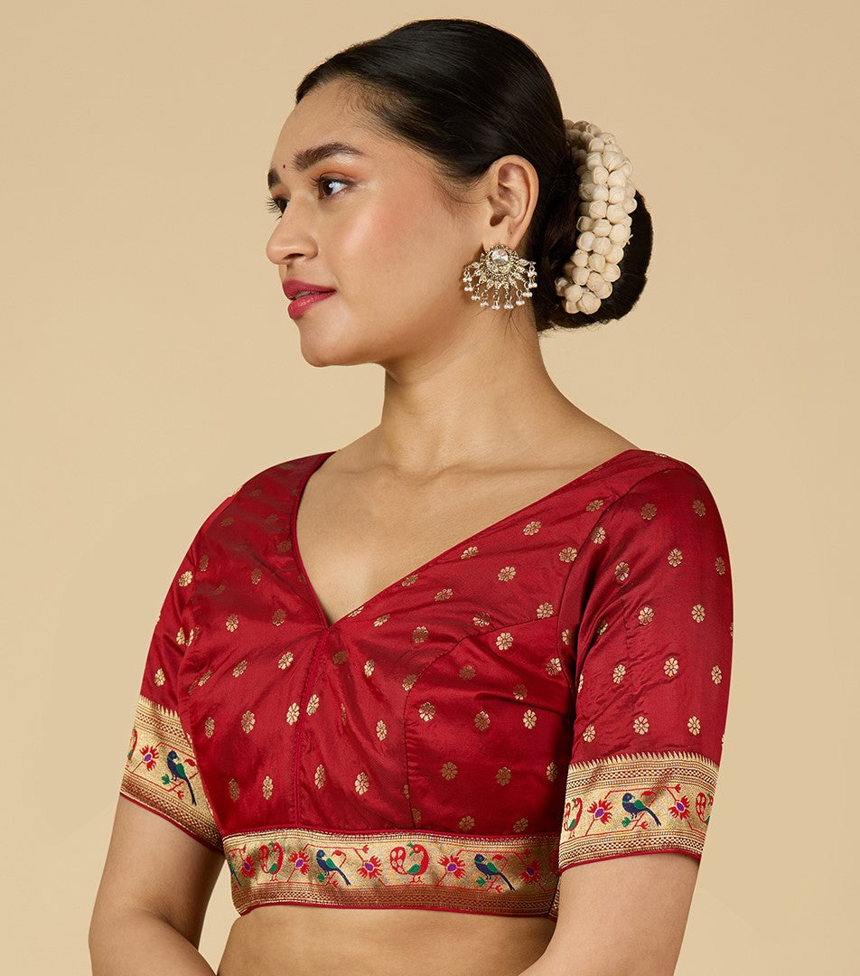 Women's Multicoloured Brocade Saree Blouse with Peacock Border (Design 2956)