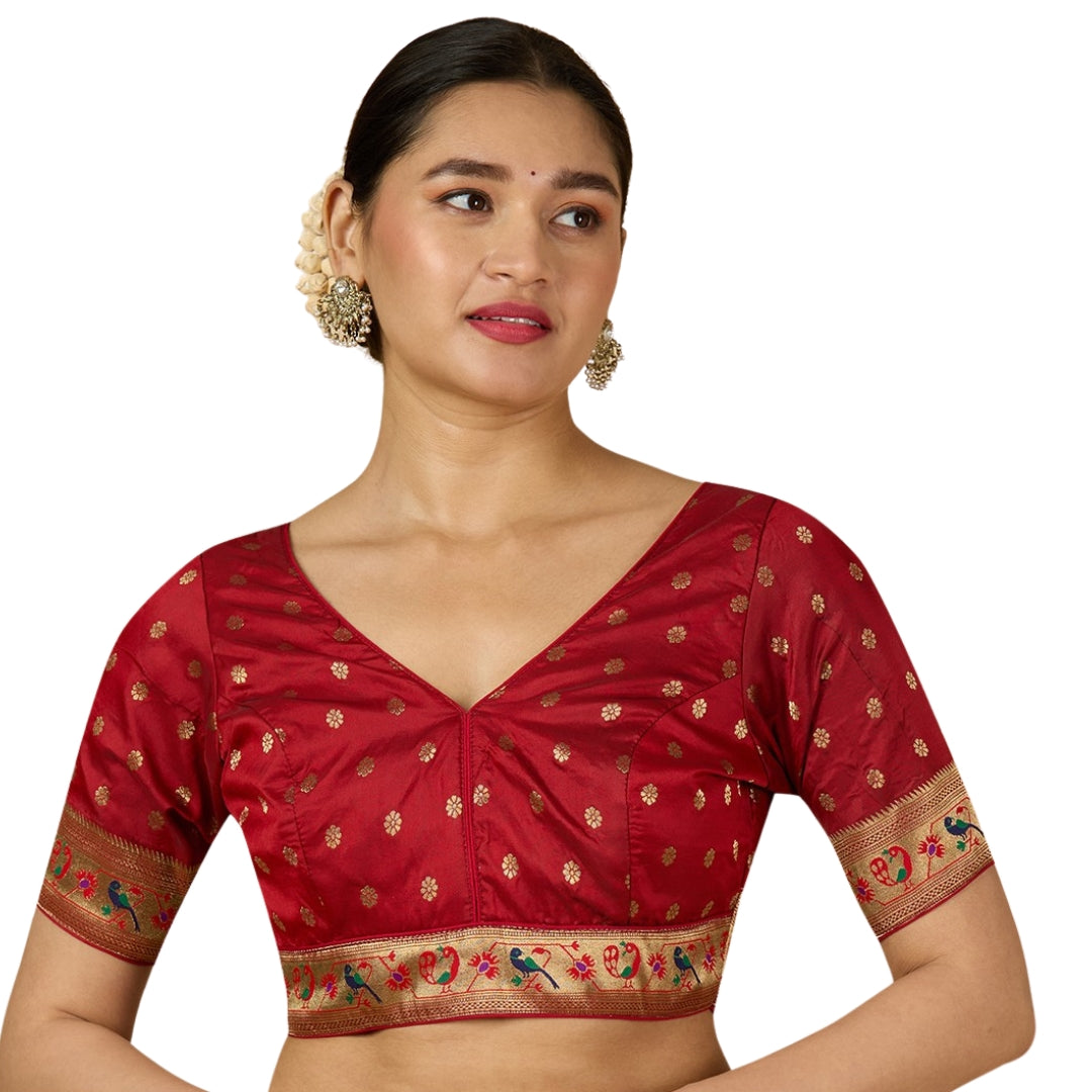 Women's Multicoloured Brocade Saree Blouse with Peacock Border (Design 2956)