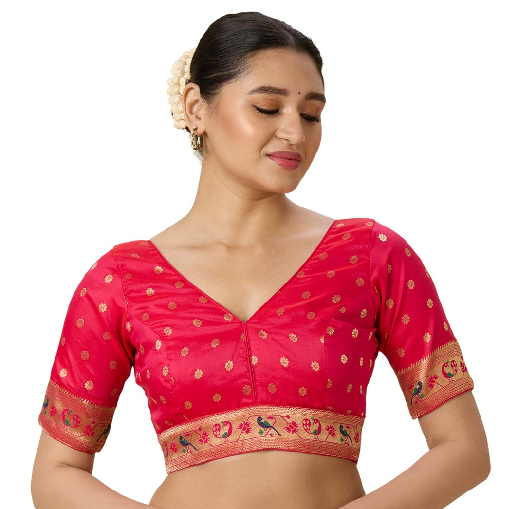 Women's Multicoloured Brocade Saree Blouse with Peacock Border (Design 2956)