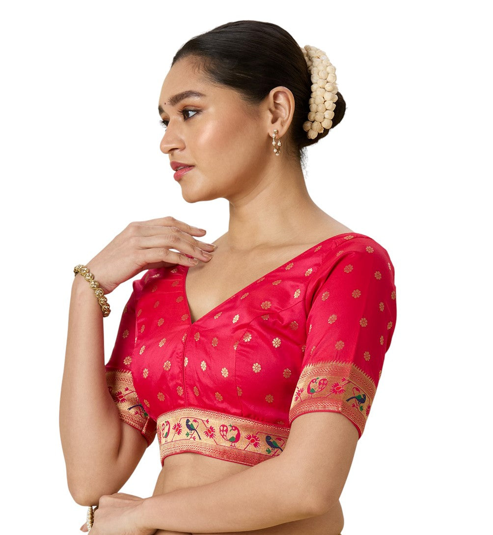 Women's Multicoloured Brocade Saree Blouse with Peacock Border (Design 2956)