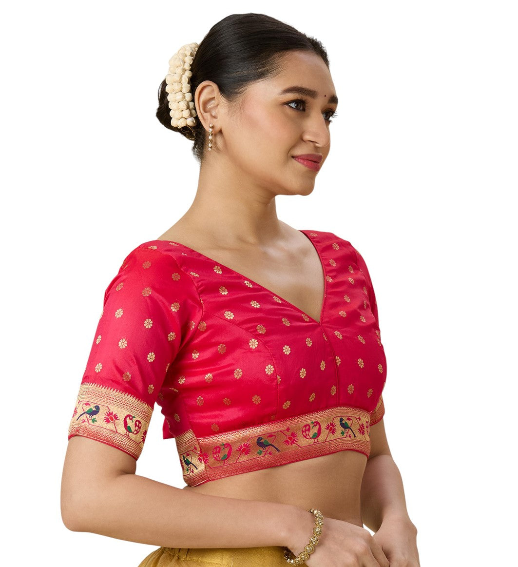Women's Multicoloured Brocade Saree Blouse with Peacock Border (Design 2956)