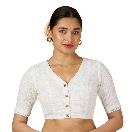 Women's White Chikankari Readymade Saree Blouse (Design 2957)