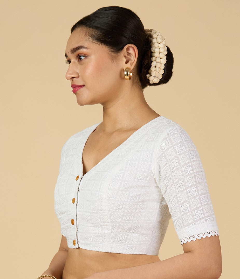 Women's White Chikankari Readymade Saree Blouse (Design 2957)