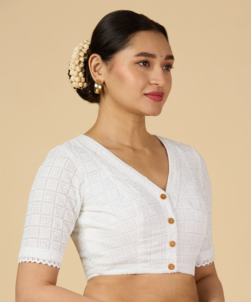 Women's White Chikankari Readymade Saree Blouse (Design 2957)