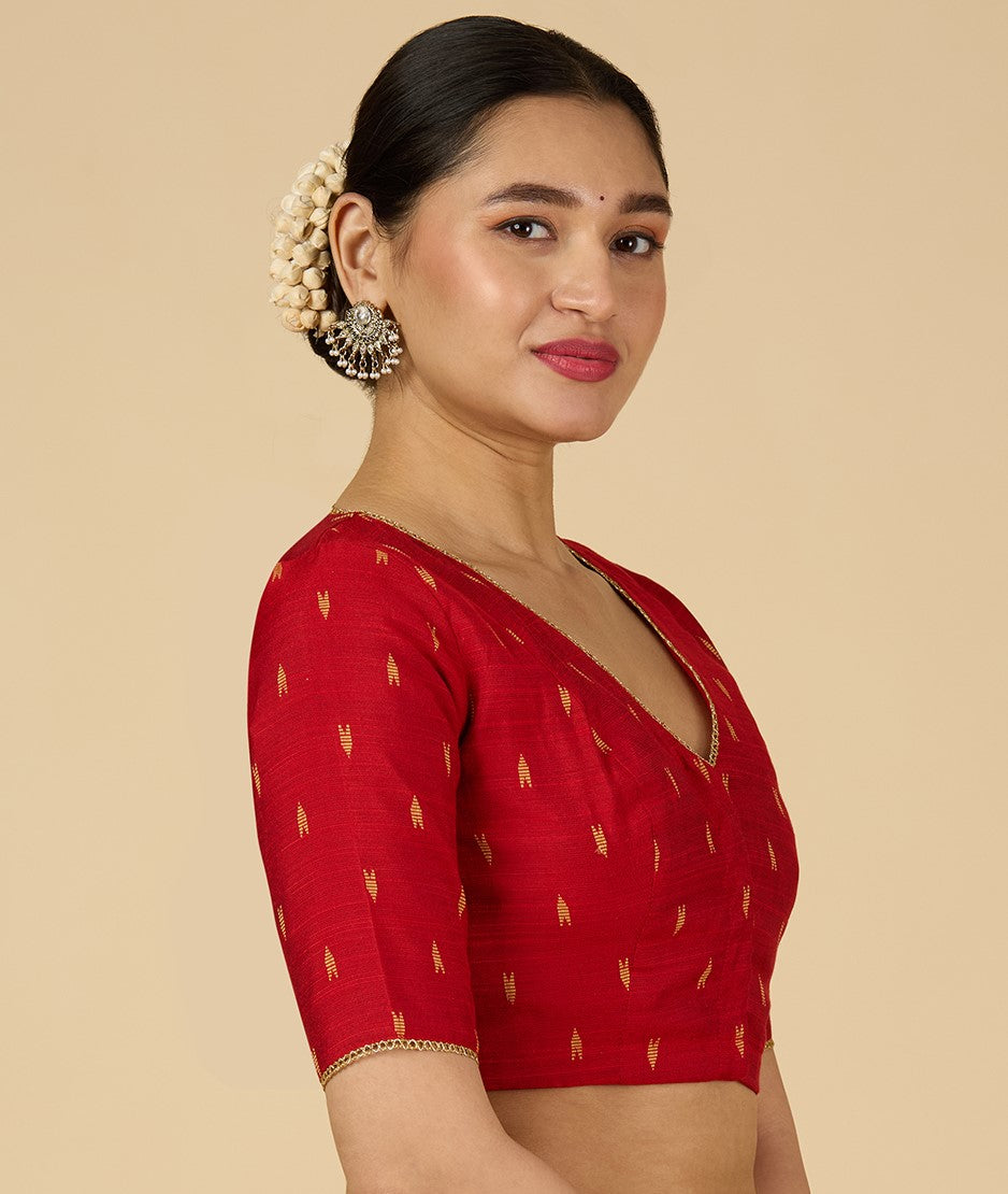 Women's Red Handloom Cotton Silk Readymade Saree Blouse (Design 2958)