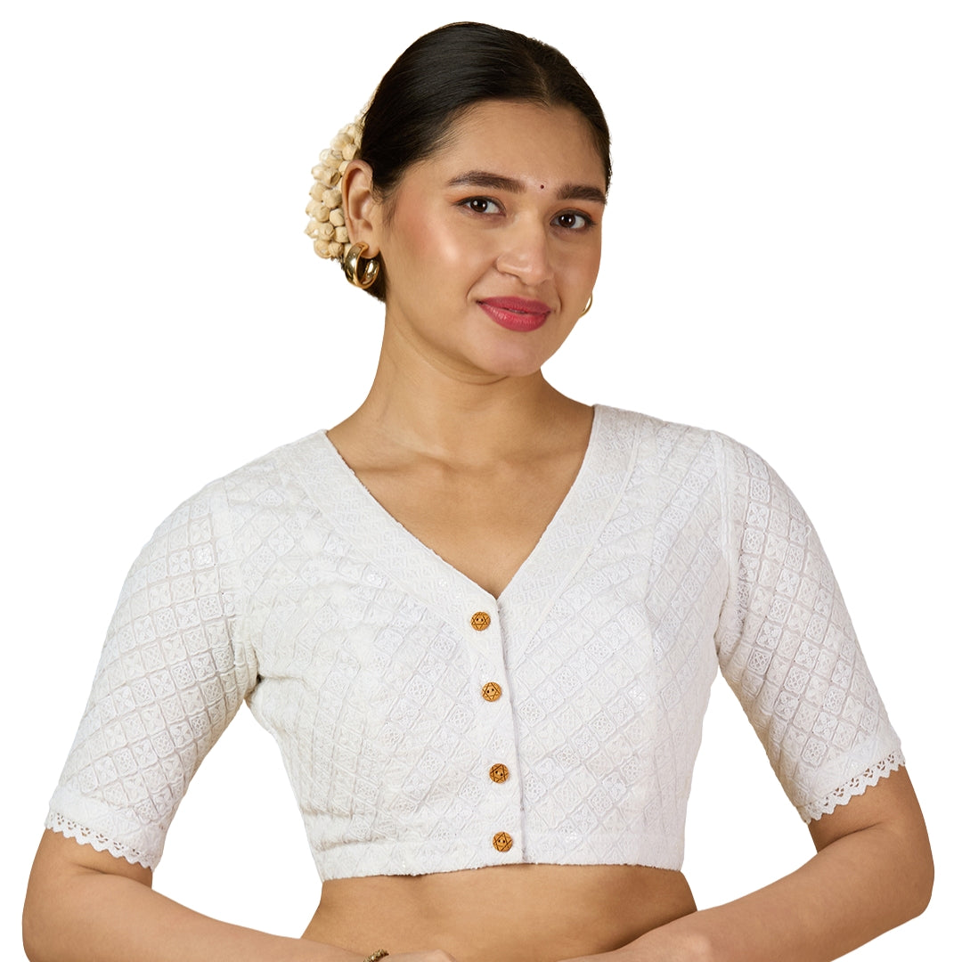 Women's White Chikankari Readymade Saree Blouse (Design 2959)