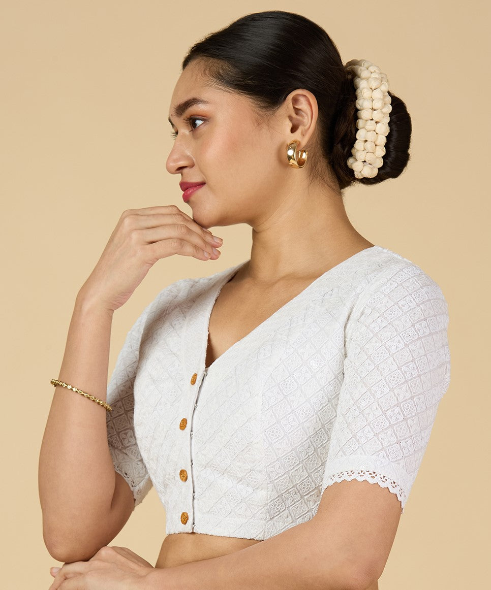 Women's White Chikankari Readymade Saree Blouse (Design 2959)