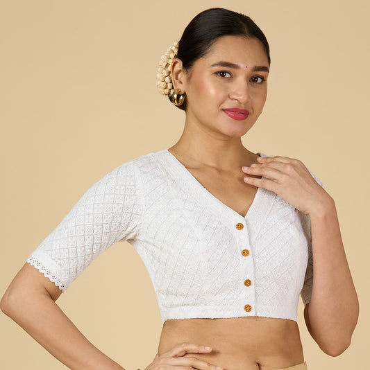 Women's White Chikankari Readymade Saree Blouse (Design 2959)