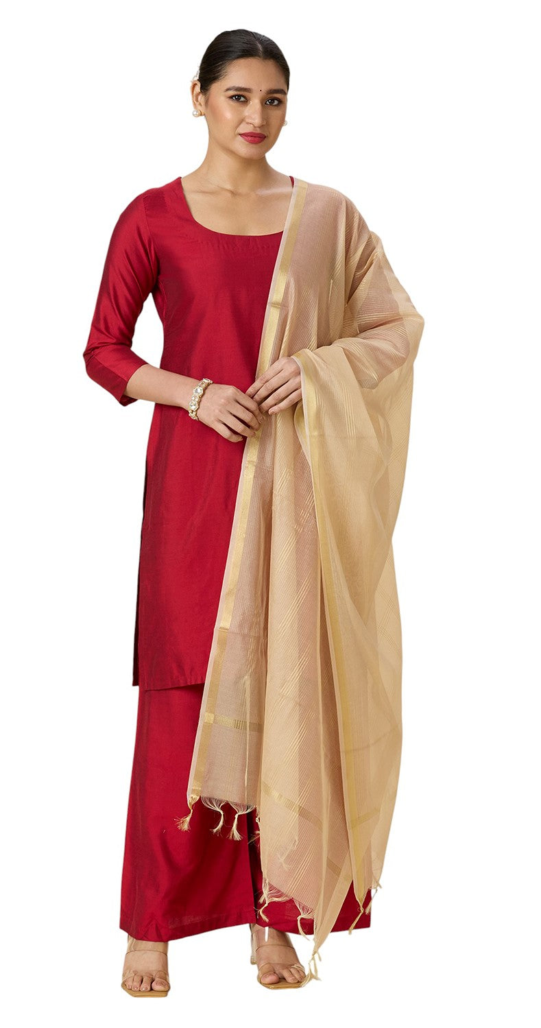 Women's Chanderi Silk Blend Handloom Dupatta with Golden Stripes (35" X 2.45 Meters) (2963 - Gold)