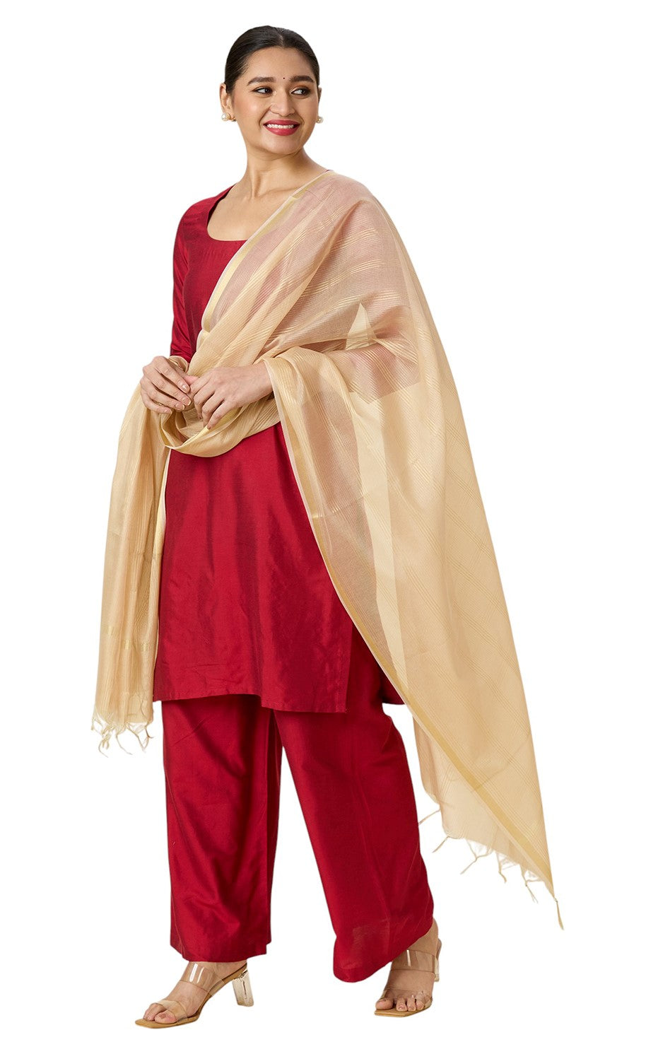 Women's Chanderi Silk Blend Handloom Dupatta with Golden Stripes (35" X 2.45 Meters) (2963 - Gold)
