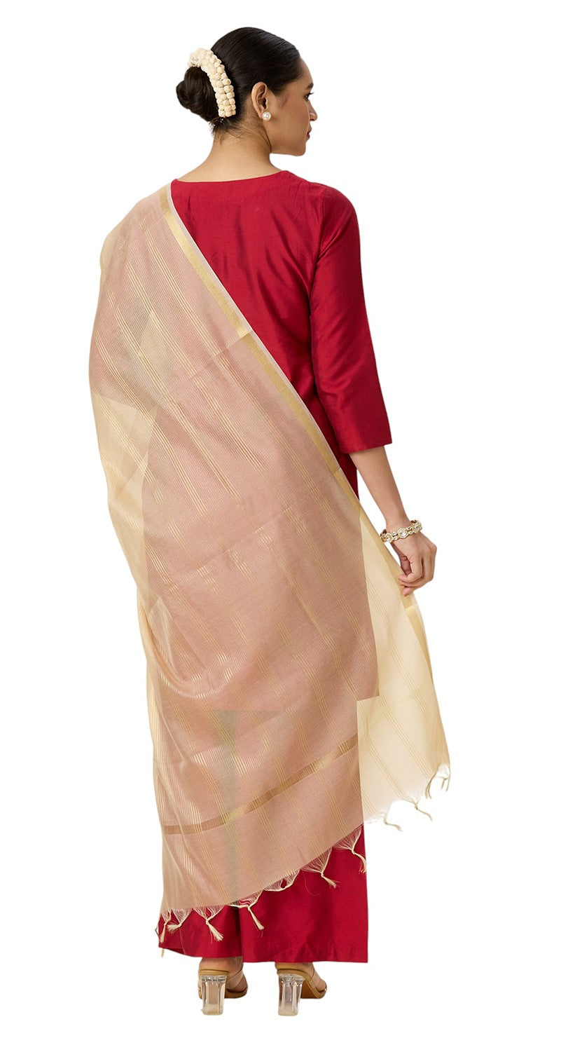 Women's Chanderi Silk Blend Handloom Dupatta with Golden Stripes (35" X 2.45 Meters) (2963 - Gold)