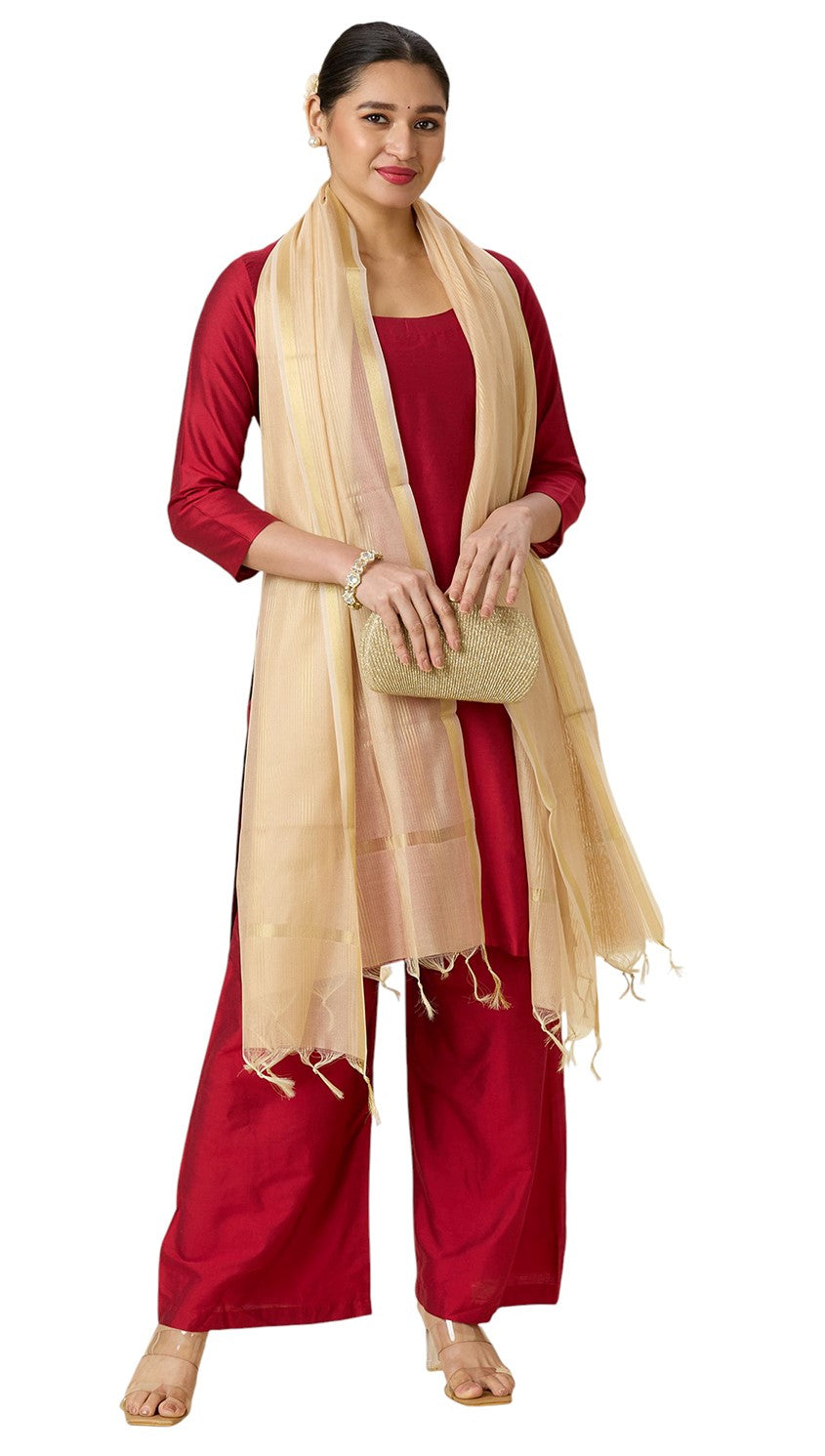Women's Chanderi Silk Blend Handloom Dupatta with Golden Stripes (35" X 2.45 Meters) (2963 - Gold)