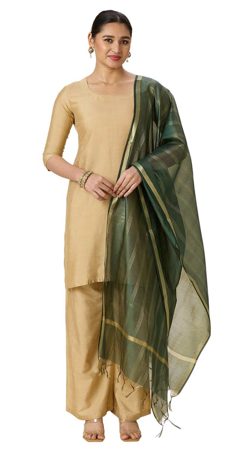 Women's Chanderi Silk Blend Handloom Dupatta with Golden Stripes (35" X 2.45 Meters) (2963 - Green)
