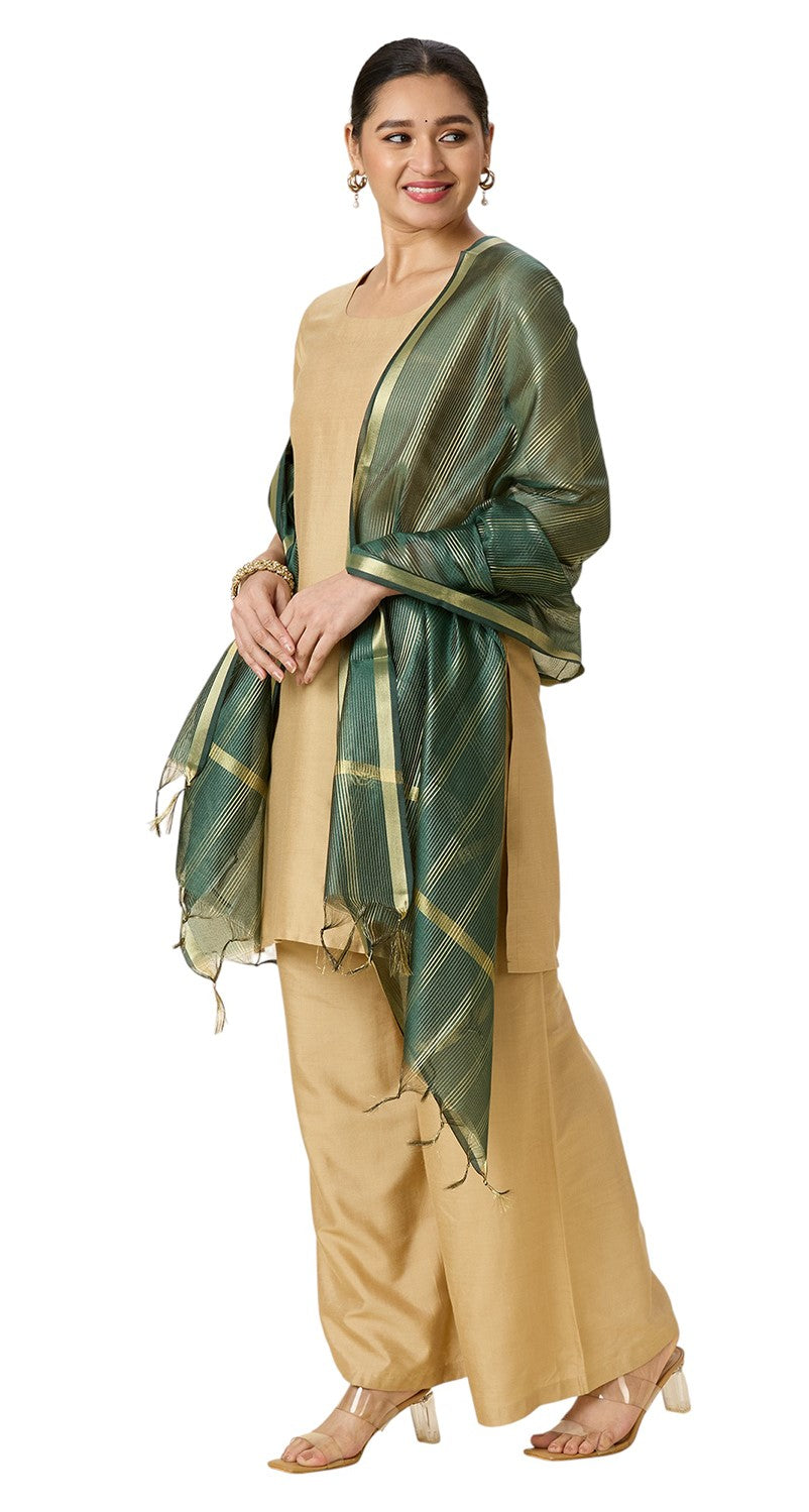 Women's Chanderi Silk Blend Handloom Dupatta with Golden Stripes (35" X 2.45 Meters) (2963 - Green)