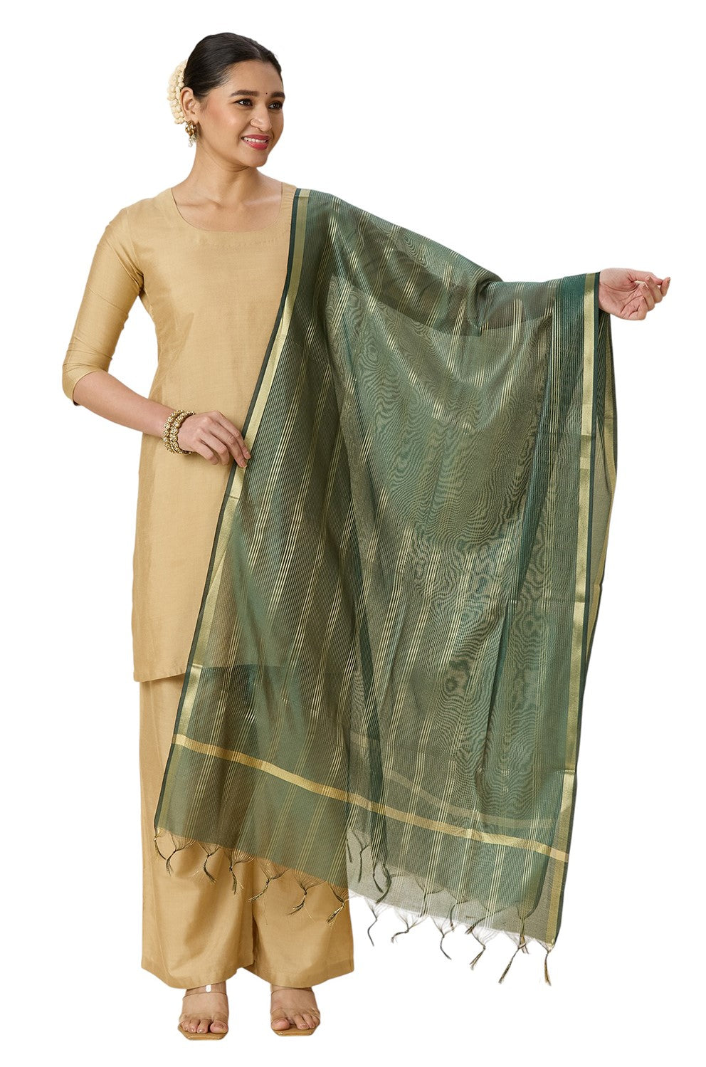 Women's Chanderi Silk Blend Handloom Dupatta with Golden Stripes (35" X 2.45 Meters) (2963 - Green)