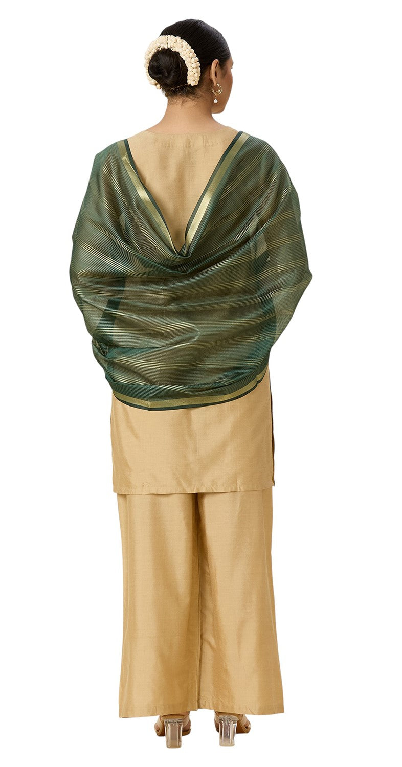 Women's Chanderi Silk Blend Handloom Dupatta with Golden Stripes (35" X 2.45 Meters) (2963 - Green)