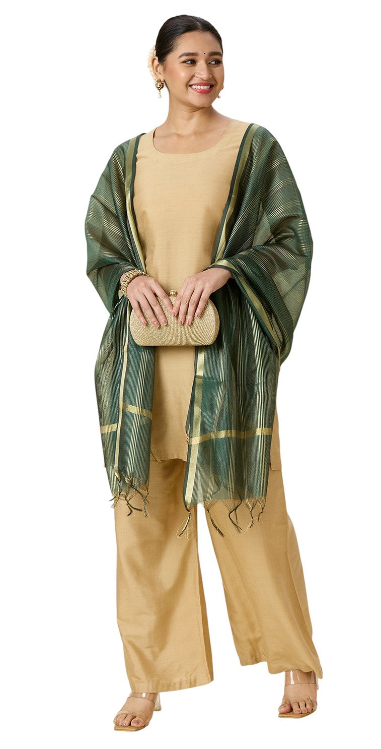 Women's Chanderi Silk Blend Handloom Dupatta with Golden Stripes (35" X 2.45 Meters) (2963 - Green)