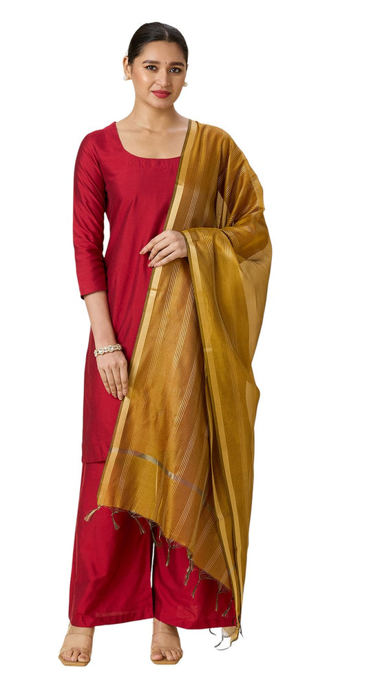 Women's Chanderi Silk Blend Handloom Dupatta with Golden Stripes (35" X 2.45 Meters) (2963 - Mustard)
