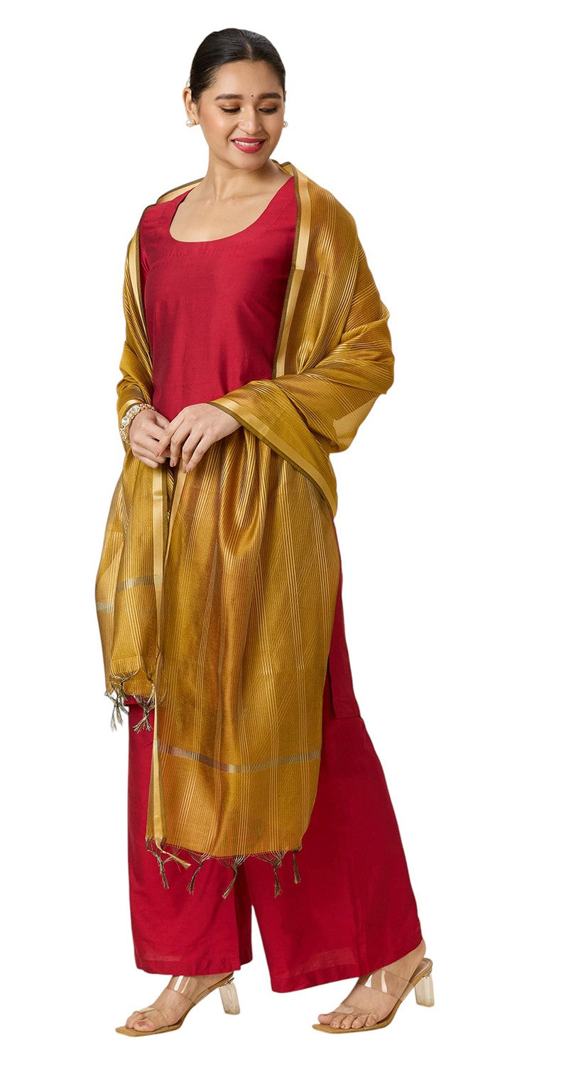 Women's Chanderi Silk Blend Handloom Dupatta with Golden Stripes (35" X 2.45 Meters) (2963 - Mustard)