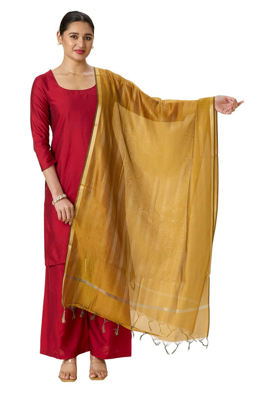 Women's Chanderi Silk Blend Handloom Dupatta with Golden Stripes (35" X 2.45 Meters) (2963 - Mustard)