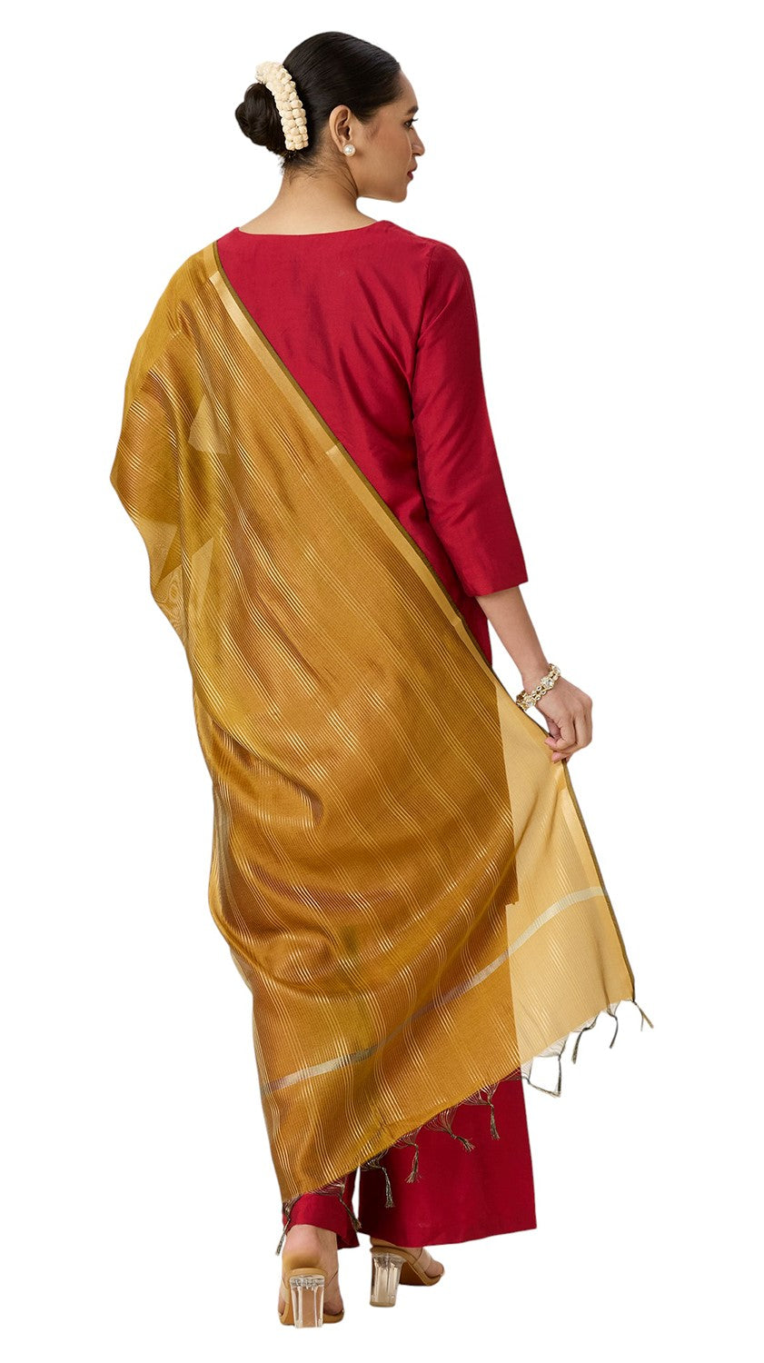 Women's Chanderi Silk Blend Handloom Dupatta with Golden Stripes (35" X 2.45 Meters) (2963 - Mustard)