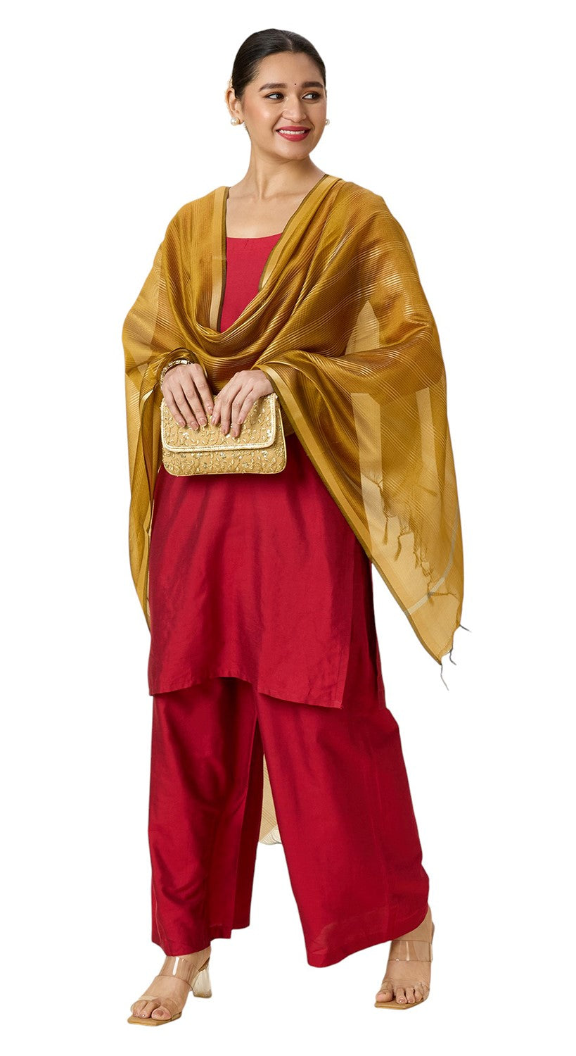 Women's Chanderi Silk Blend Handloom Dupatta with Golden Stripes (35" X 2.45 Meters) (2963 - Mustard)