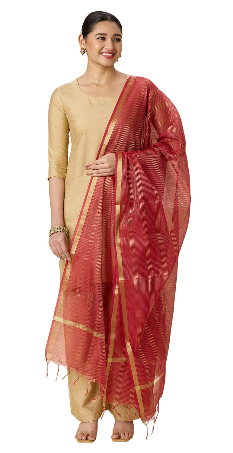 Women's Chanderi Silk Blend Handloom Dupatta with Golden Stripes (35" X 2.45 Meters) (2963 - Maroon)