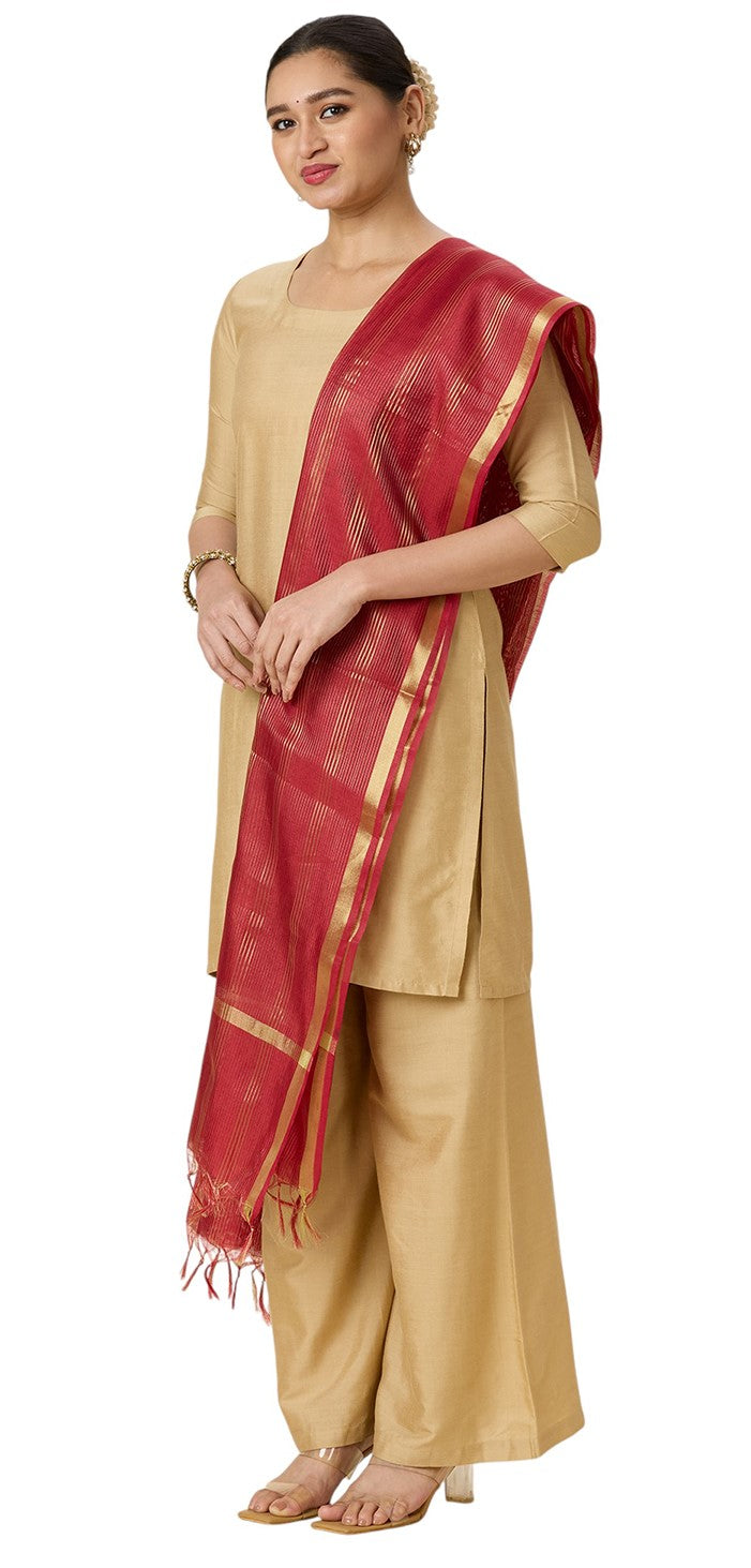 Women's Chanderi Silk Blend Handloom Dupatta with Golden Stripes (35" X 2.45 Meters) (2963 - Maroon)