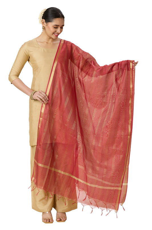 Women's Chanderi Silk Blend Handloom Dupatta with Golden Stripes (35" X 2.45 Meters) (2963 - Maroon)